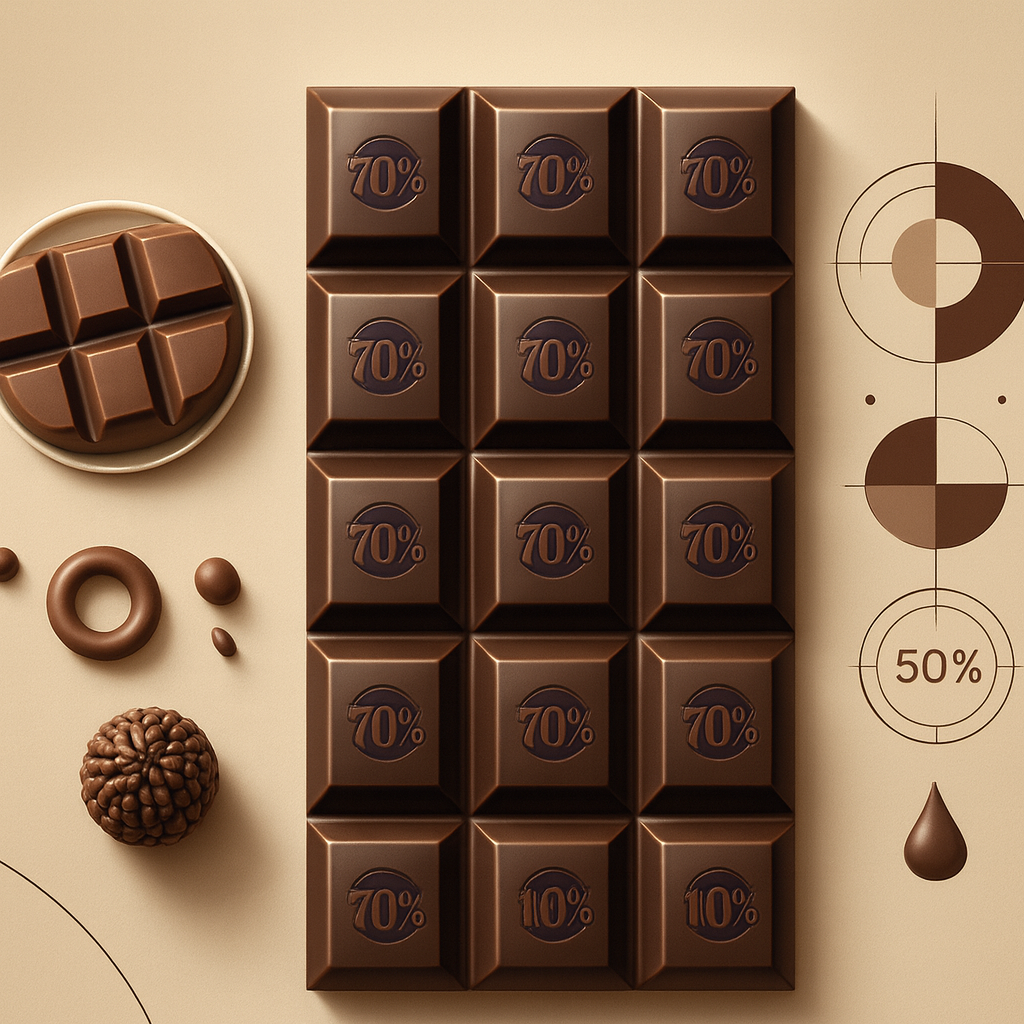 Chocolate calculator tool showing piece nutrition by cocoa percentage