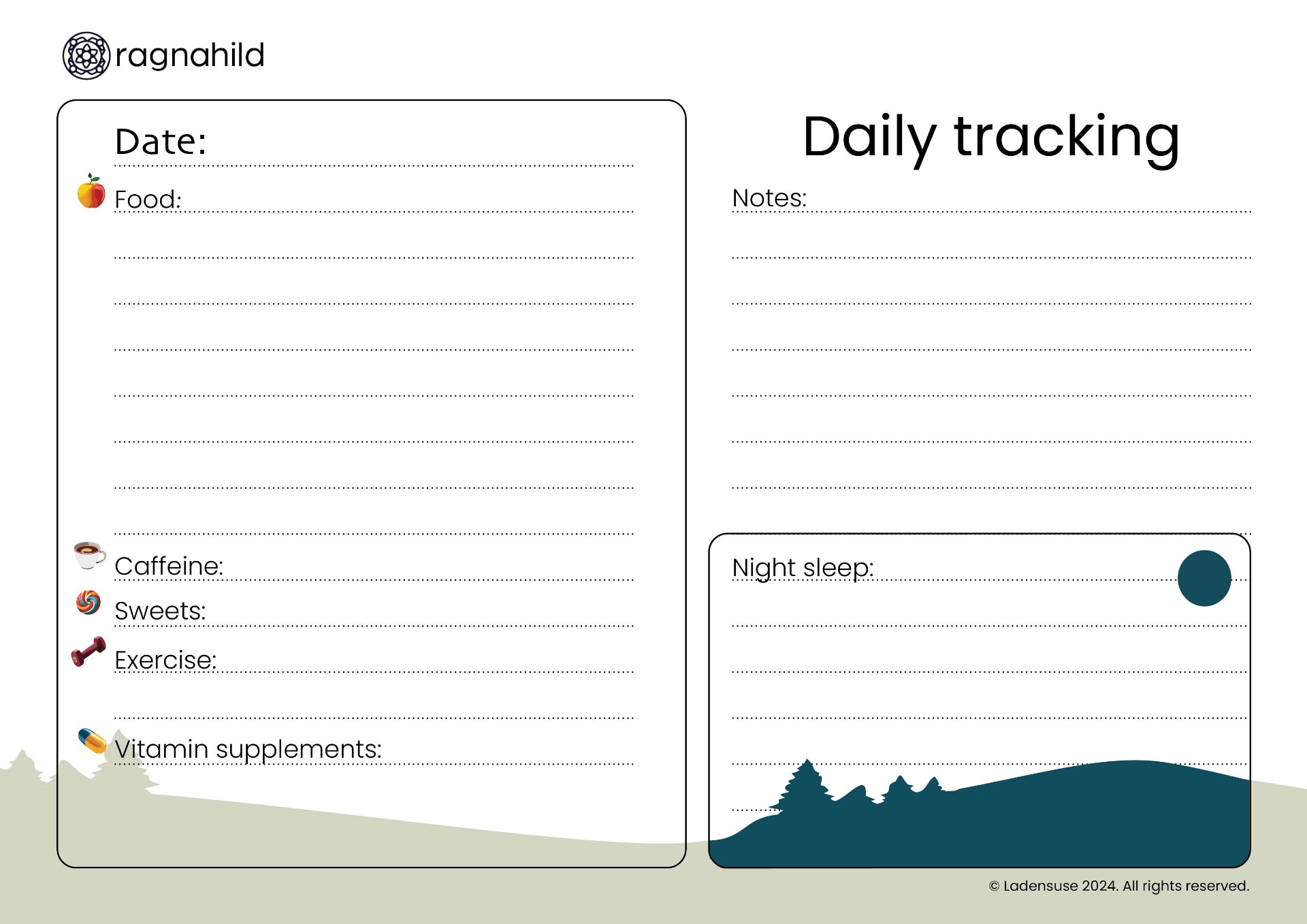 Free printable daily food and lifestyle tracker template with sections for meals, caffeine, sweets, exercise, vitamins, notes, and night sleep log