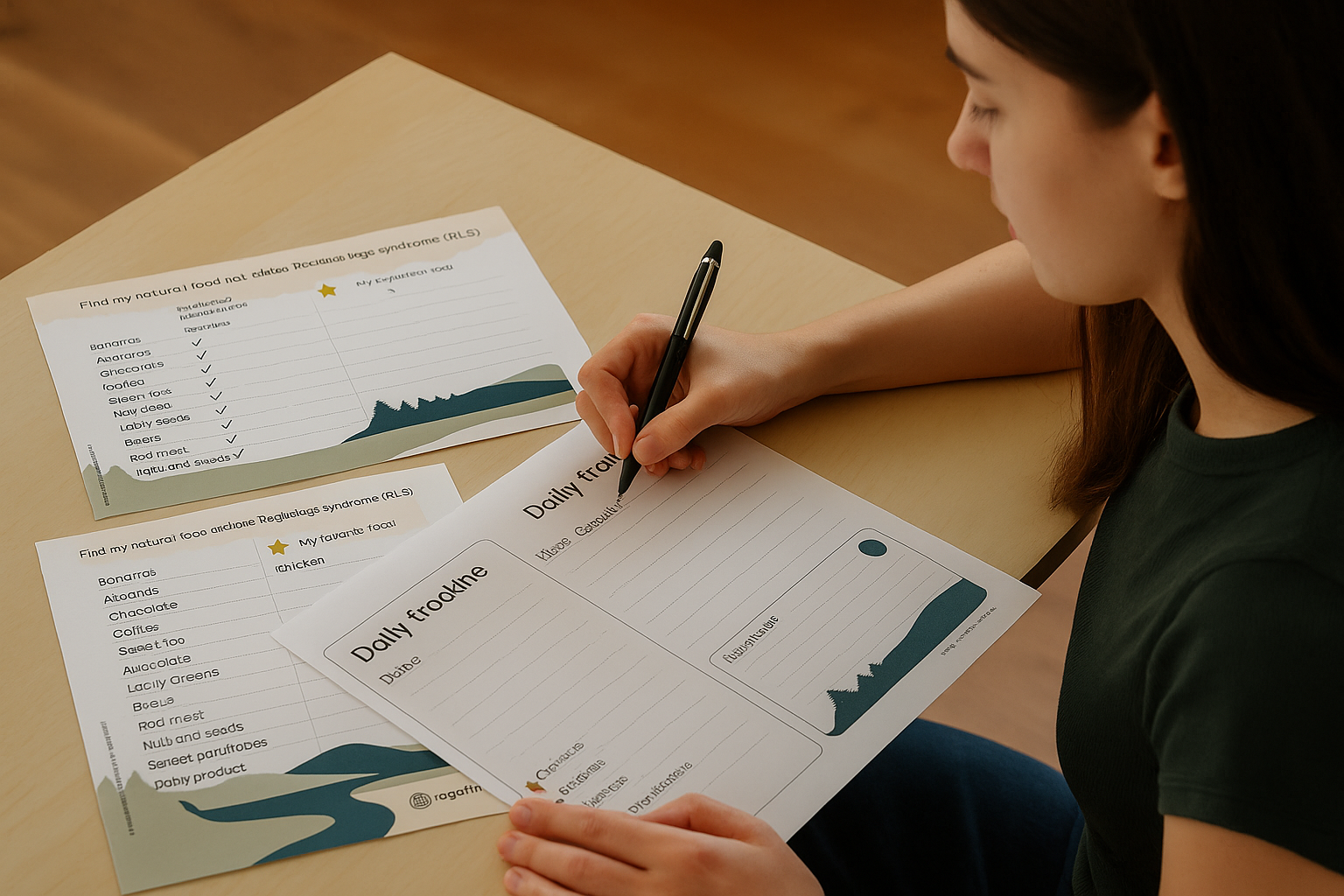 Young woman filling out a daily tracking sheet with food and sleep log beside an RLS natural foods chart on a table