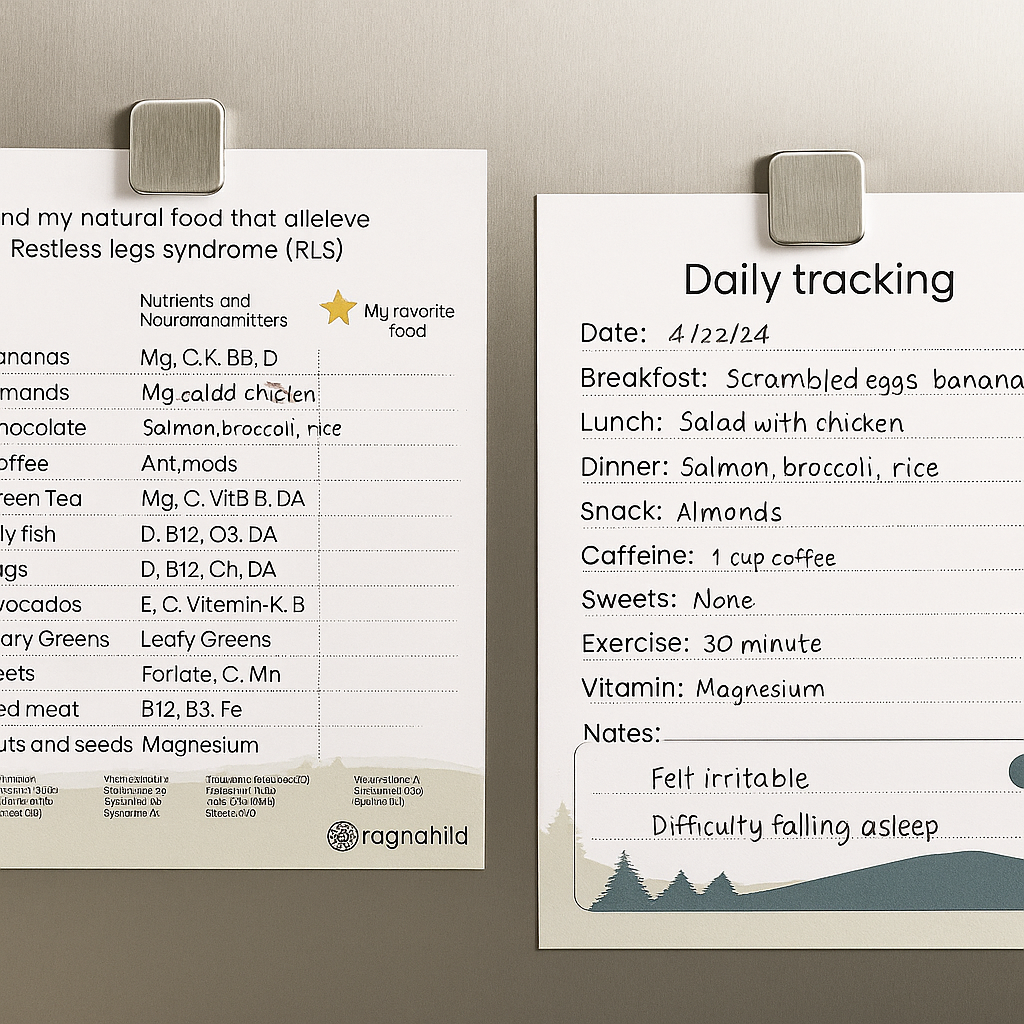 Two printable wellness tracking sheets on a refrigerator, one daily food and sleep log and one natural foods chart for Restless Legs Syndrome (RLS)